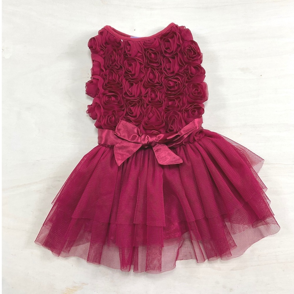 Pawpatu Burgundy Rosette Tulle Pet Dress Small 8-12lb Dog Cat Formal Holiday